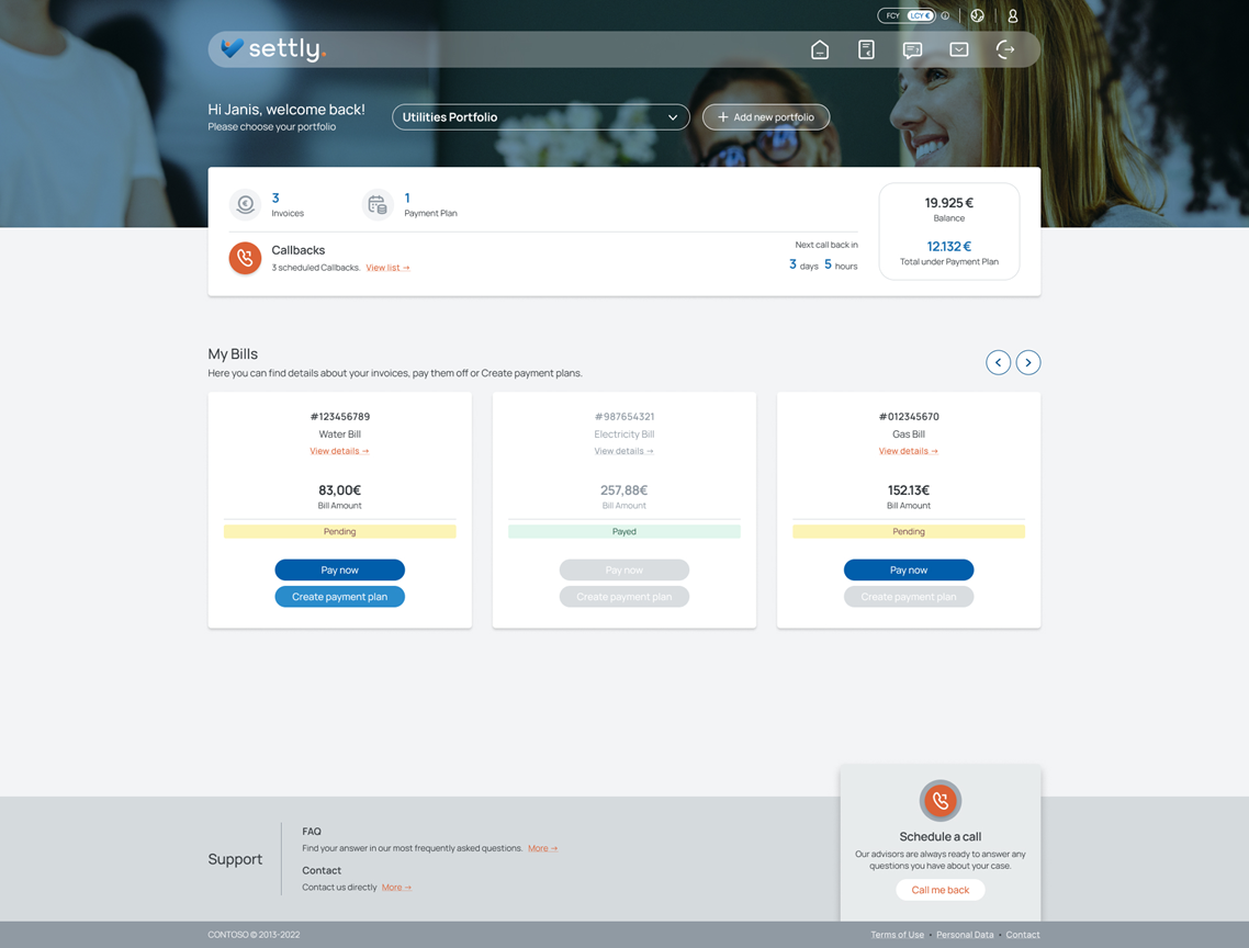 Settly customer portal showing balances, bills and payment actions
